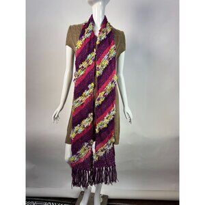 Handwoven Colorful Fringe Scarf Purple Pink Yellow Green Striped Boho Style Wool